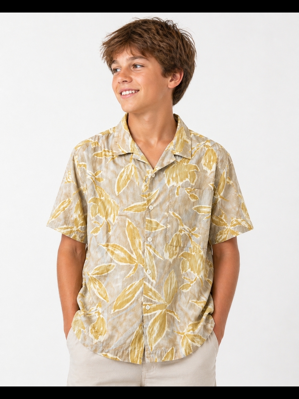 ZARA Yellow Floral Button-Up Boys Shirt Linen/Viscose